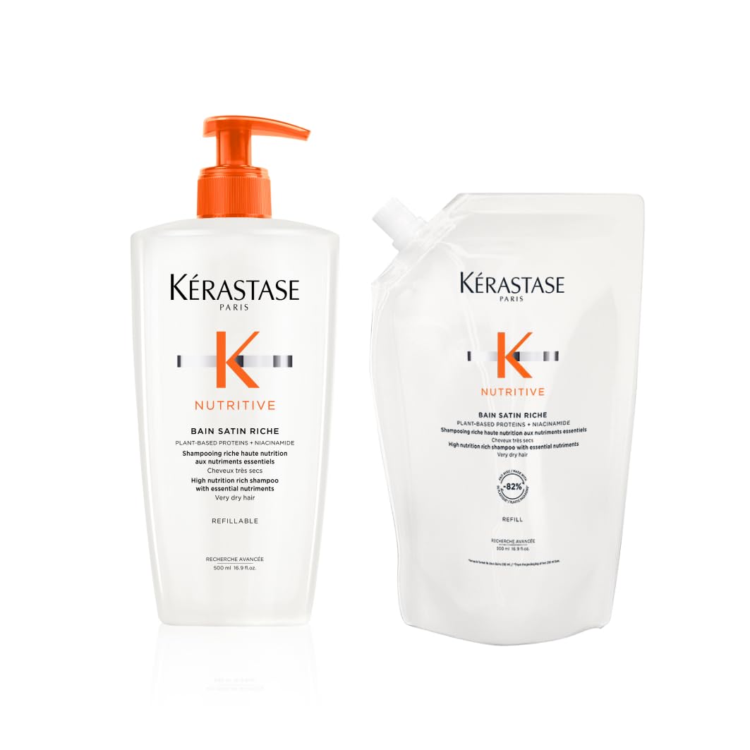 Kérastase Nutritive Bain Satin Riche Nachfüllset, Feuchtigkeitsspendendes Haarbad bei sehr trockenem Haar, Enthält: Nutritive Bain Satin Riche 500 ml im Pumpspender sowie 500-ml-Nachfüllpackung