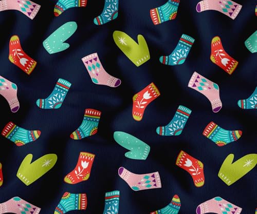 Image of Soimoi Blue Cotton Canvas Fabric Socks & Gloves Folk Art Print Fabric by the Meter 42 Inch Wide
