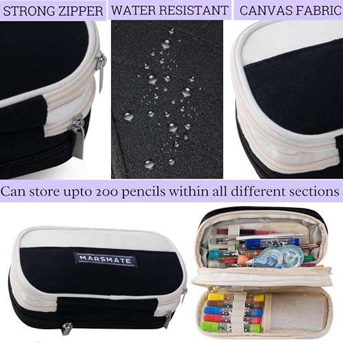 Image of MARSMATE 𝗠𝗔𝗥𝗦𝗠𝗔𝗧𝗘 Pencil case| Large Capacity Pencil Case|Canvas Fabric Pencil Pouch| Best Pencil Pouch for Stationary Items| 6 Compartments Pencil Case (Black)