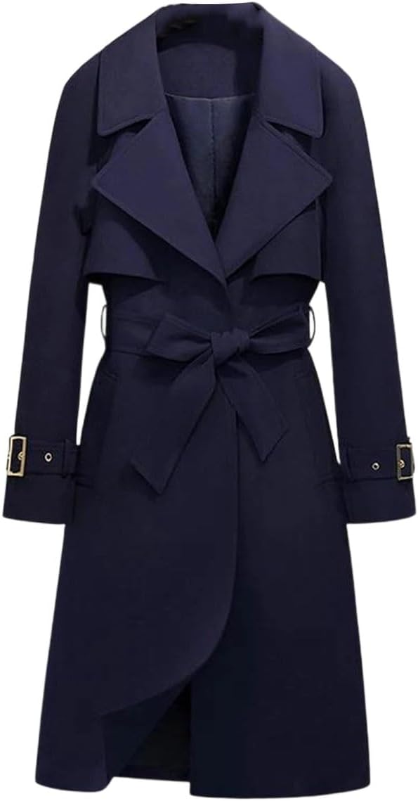 Women Trench Coat Women Mid-Length Trench Long Sleeve Solid Color Coat