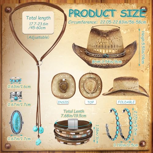 Ecally 7 Pcs Boho Jewelry Set Straw Cowboy Hat with Vintage Turquoise Necklace Rodeo Bracelet Ring Pendant Earrings for Women3