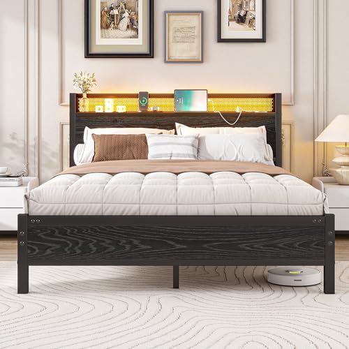 Diahomy King Size Bed Frame with LED Lights/Charging Station,Platform Bed Frame King Size with Storage Headboard/Mattress Foundation/Metal Slat Support/No Box Spring Needed,UnderBed Storage, Black