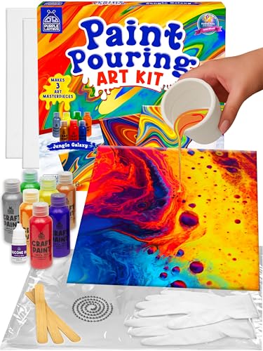PURPLE LADYBUG Low-Mess Paint Pouring Kit for Ages 6+ - Washable Non-Toxic Painting Kit for Kids with Gloves & Table Cover for Easier Cleanup Art and Crafts for Kids Ages 8-12 Crafts for Girls 8-12