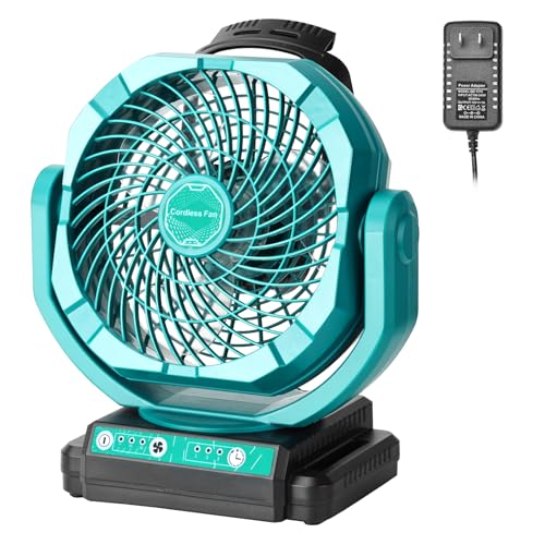 Vtuxcey Battery Powered Fan Compatible with Makita 20V Battery Portable Cordless Fan with AC Adapter Variable Speed Timer Settings 135 Adjustable Angle for Camping Jobsite