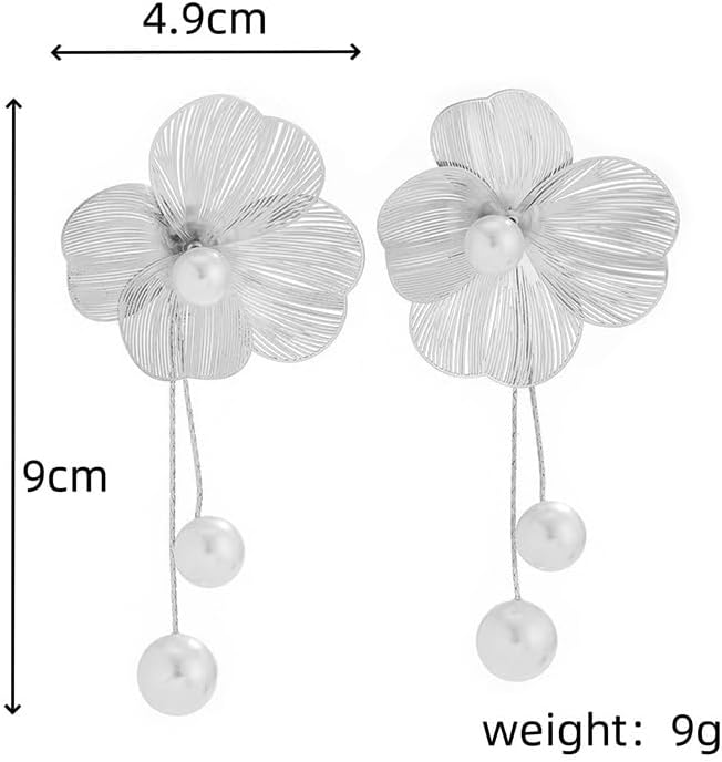 Gold Large Flower Pearl Dangle Earrings for Women Dangling Silver Unique Statement Big Floral Long Pearls Drop Bridal Earring Wedding Prom Jewelry Trendy - Image 3