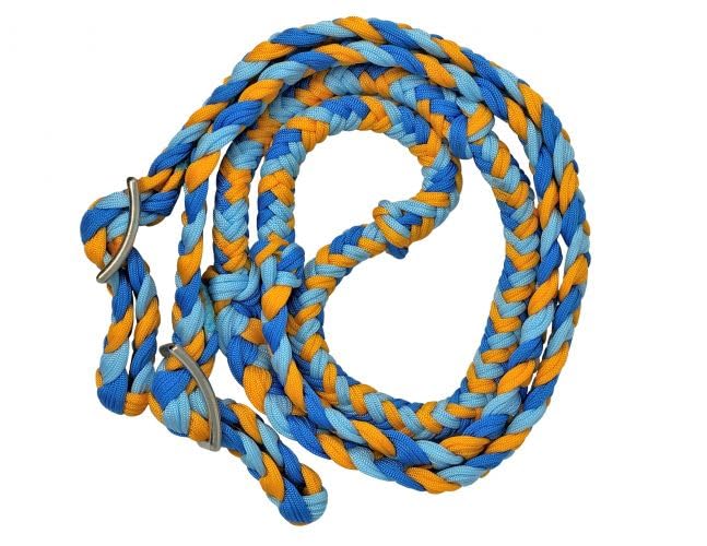 Showman Braided Blue & Yellow Nylon Barrel Reins w/Easy Grip Knots