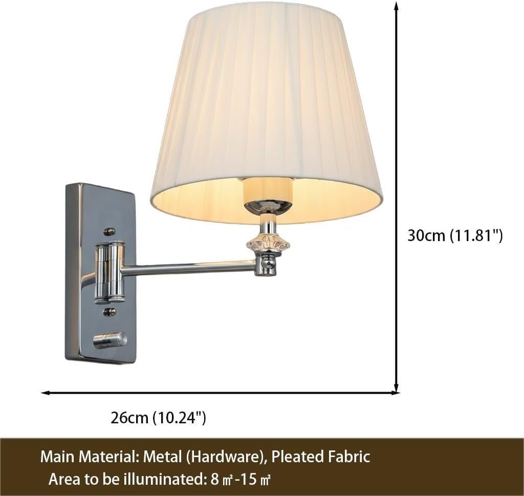 Swing Arm Wall Light, Chrome Adjustable Wall Sconce, White Fabric Shade Wall Lamp for Bedroom, Bedside, Living Room, Hallway, Hotel, Entryway, Corridor, Reading Fixture, Foyer Parlor