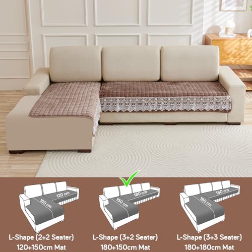 Image of HOKIPO Bellelace Velvet Sofa Cover L Shape 5 Seater Mat, 3+2, Mocha Brown