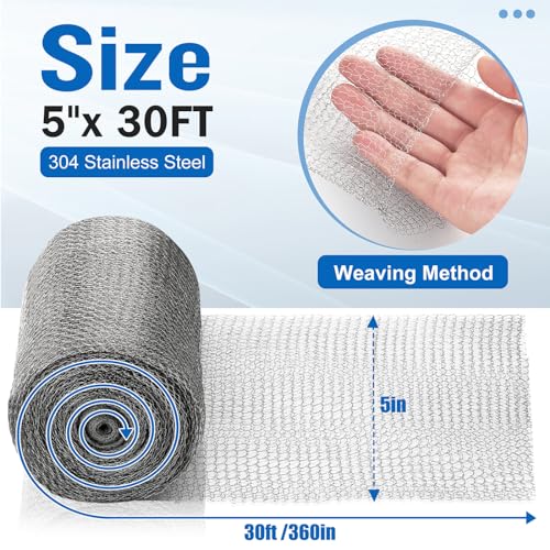 Image of Valchoose Upgraded Not Rusty 5 inchX 30 Ft Stainless Steel Mesh Gap Blocker, Flexible Stainless Steel Wool Holding up Well Tight Spots, Wire Mesh Hole Fill Fabric, Stainless Steel Wool Roll Easy to Work