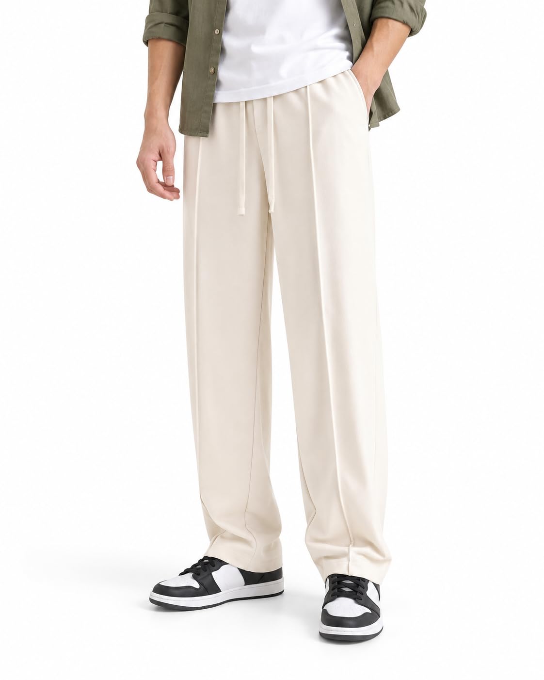 Generic Men's Wide Leg Loose Fit Trousers, Elastic Waist, Cream, Size - Image 1