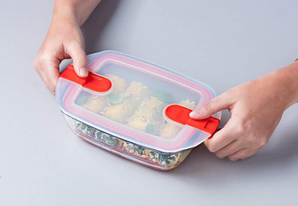 Pyrex Rechteckige Glasschale mit belüftetem Deckel, mikrowellengeeignet, 0,4 l, Rot, 4 Stück