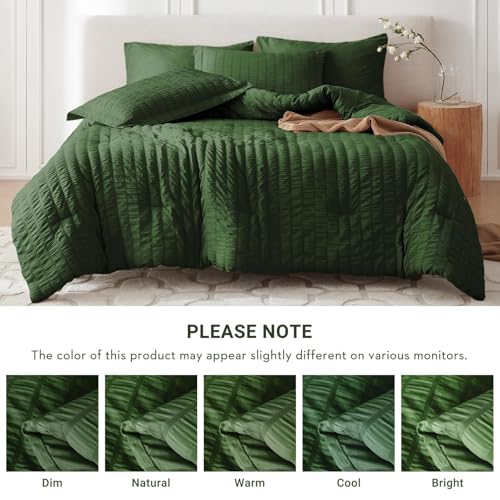 Image of MUXHOMO 7 Pieces King Comforter Set, Seersucker Bed in a Bag King Size, All Season Luxury Bedding Set with Comforter, Flat Sheet, Fitted Sheet, Pillowcases & Shams, Dark Green