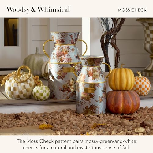 Image of MACKENZIE-CHILDS Pumpkin, Resin Halloween and Fall Decor, Small, Olive-Green Moss Check