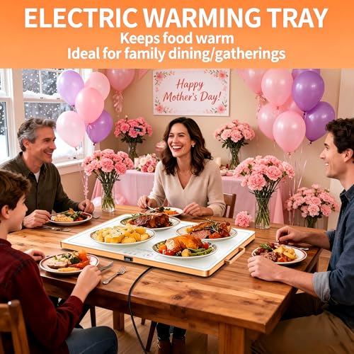 Image of Food Warming Mat (XL 24 inchx16 inch), Food Warmers for Parties Buffet and Daily Use, Full Surface Warm Evenly Electric Warming Tray with Button Temperature Control, Gold Handles Warming Mat for Food, White