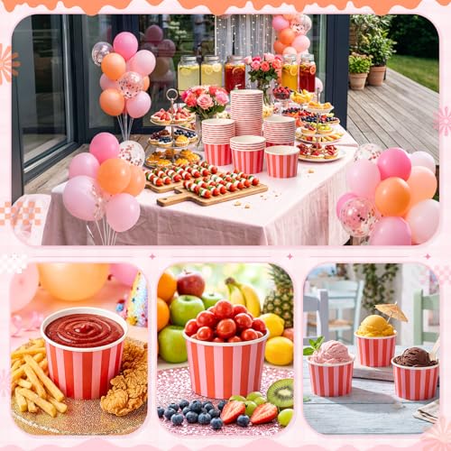 Image of Zopeal 50 Count Orange and Pink Striped Ice Cream Cups Paper Dessert Bowls | 9 oz Disposable Ice Cream Bowls, Birthday Party Supplies, Snack Cups Sundae Picnic Yogurt Bowls for Food