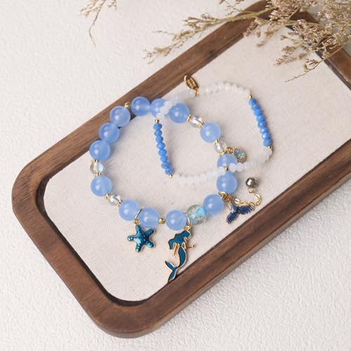 Image of LZ Emotion 2 Pcs Mermaid Bracelet Set Beaded Mermaid Charm Bracelets Starfish Summer Jewelry Mermaid Gifts Birthday Party Decoration
