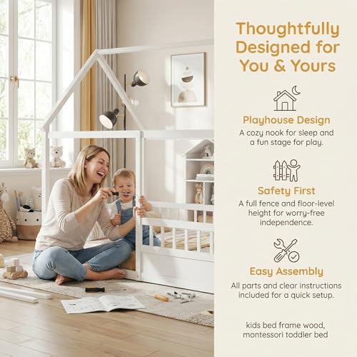 Image of Bellemave Kids Full Size Floor Bed with House Roof Frame and Safety Fence, Wooden Montessori Bed, Low Profile Playhouse Bed for Boys Girls Bedroom (White)