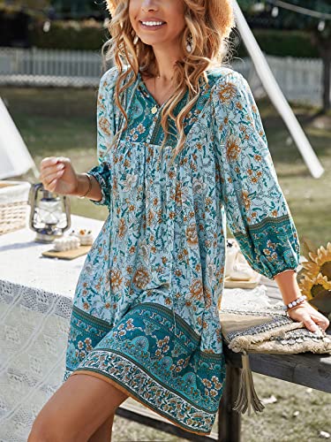 Temofon Women's Boho Mini Dress: Summer Floral 3/4 Long Sleeve V Neck Flowy Loose Casual Beach Dresses Blue M #TOP1