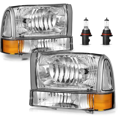 ROADEAL Headlight Assembly W/Bulbs for 1999-2004 Ford Super Duty F250 F350 F450 F550 00-04 Ford Excursion Headlamp Replacement with Bumper Signal Corner Light (NOT FOR SEALED BEAM MODELS) Pair Set