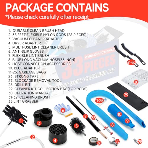 Dryer Vent Cleaner Kit, Bluesea 33-Piece Omnidirectional Dryer Cleaning Kit Include 35 Feet Dryer Vent Brush, Upgrade Noiseless Dryer Lint Vacuum Attachment, Lint Trap Brush, Vacuum & Dryer Adapters