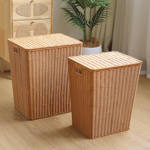 Panier rangement avec couvercle aspect rotin beige clair taille moyen