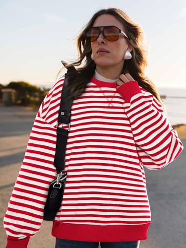 Image of PRETTYGARDEN Womens Striped Oversized Sweatshirt Color Block Crew Neck Long Sleeve Casual Loose Pullover Top Y2K Clothes