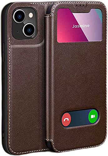Étui iPhone 14 Plus marron clapet idéal pour les vidéos et le bureau