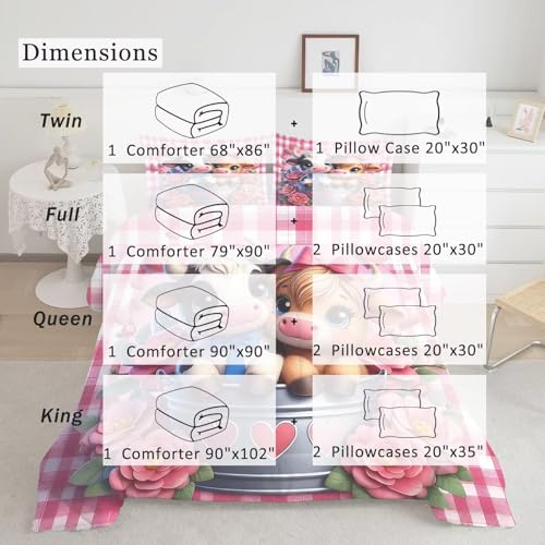 Image of Highland Cow Comforter Set Queen Size Farm Pink Rose Plaid Bedding Sets for Kids Teens Boys Girls Bedroom 3D Cute Cartoon Animal Quilt 1 Comforter 2 Pillowcases