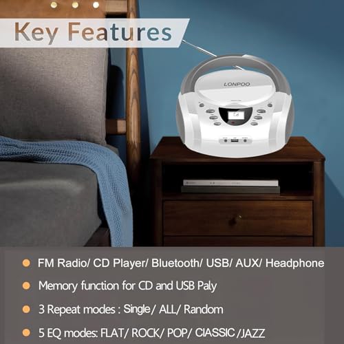 image for LONPOO CD Players Portable Boombox with FM Radio/USB/Bluetooth/AUX Inp