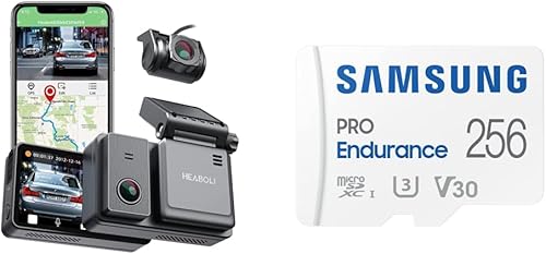Heaboli Cámara de tablero dual 4K frontal y trasera, Wi-Fi GPS, cámara de tablero para automóviles y Samsung PRO Endurance 256GB MicroSDXC tarjeta