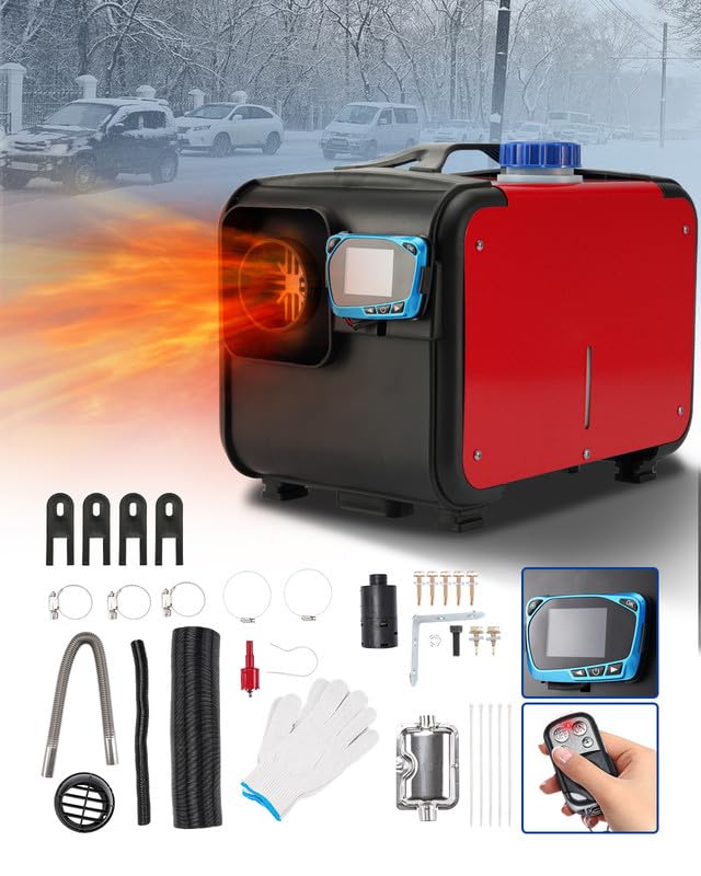 Calefactor de estacionamiento diésel todo en uno de 8 kW y 12 V con silenciador, interruptor LCD y control remoto para camiones, barcos, remolques, turismos, autocaravanas y furgonetas camper (rojo)