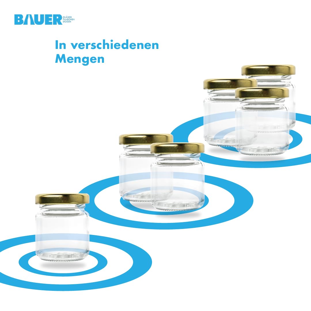 flaschenbauer Set von 24/48/96 Mini Einmachgläser 53ml - Schraubgläser mit Gold-Twist-Off Deckel 43mm, Ideal für Marmelade, Honig, Gewürze, Konservieren & Geschenkideen - 96 Stück