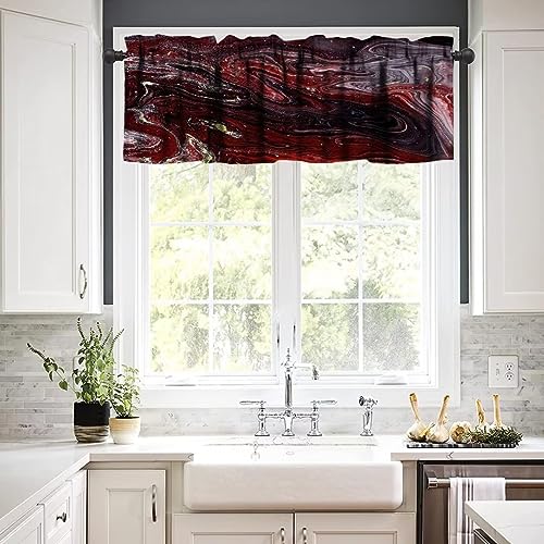 Image of Red and Black Marble Window Valance Curtain, Burgundy Maroon Gold Veins Unique Ombre Abstract Ink Texture Window Valances Treatments for Kitchen Living Room Cafe Decor 54'x18', 1 Panel