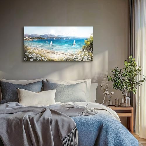 SERIMINO Coastal Landscape Large Wall Art, Beach Daisy Canvas Art Prints, Bay Sailboat Artwork for Walls, Nature Ocean Scenery Paintings Wall Decor Living Room Bedroom, Rustic Home Decor 20"X40"