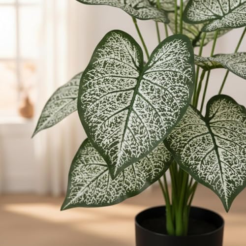 Image of Artificial White Dieffenbachia Plant with Black Pot - 65 cm Tall Faux Tropical Decorative Plant for Home, Office, Balcony & Living Room Decor