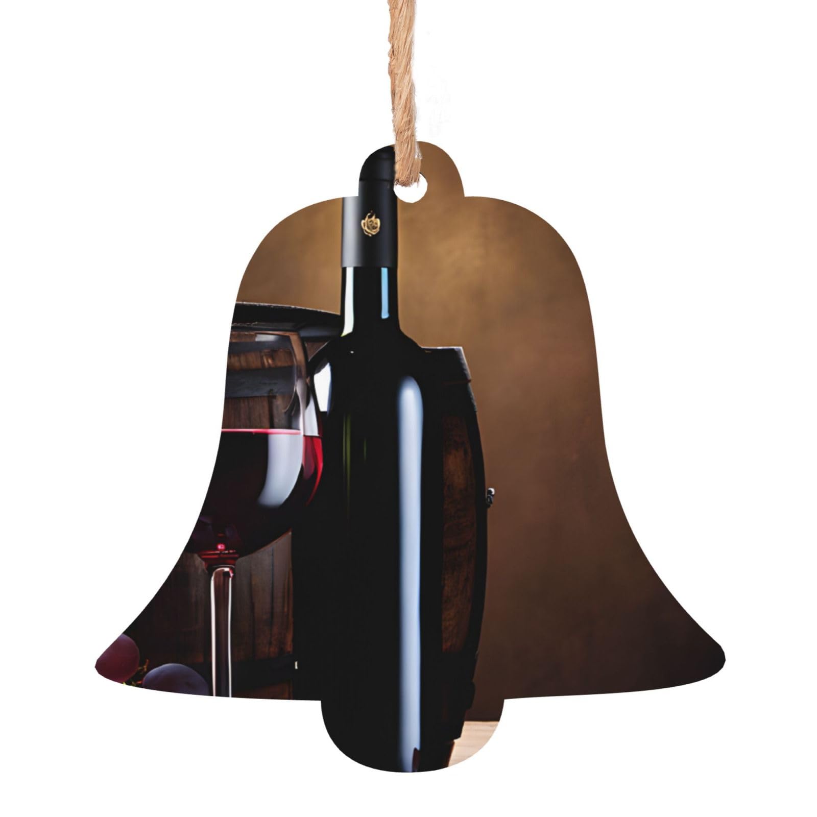 (Red Wine Bottle Glass) Wooden Christmas Ornaments Set Bell Shape Holiday Hanging Decorations for Xmas Tree Gift Wrapping, 6 PCS