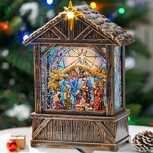 Nativity with Star Musical Lighted Water Creche with Swirling Glitter, Christmas Snow Globe Nativity Manger for Xmas with Music, Holiday Decorations Gifts for Family, Children or Friends