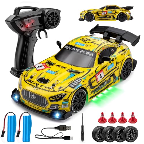 Image of RC Drift Car,1:24 4WD High Speed Electric Remote Control Car with LED Lights,Drifting Tires,2 Batteries,Dual Mode Tires,Hobby Racing Toy Car for Adults & Kids (3-Yellow)