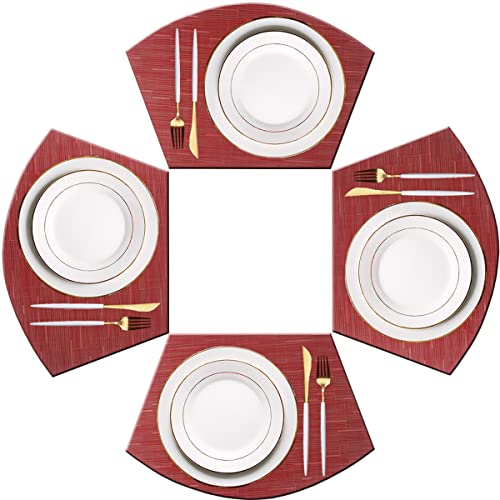 PIGCHCY Wedge Shaped Placemats for Dining Table Cross-Weave Washable Vinyl Placemat Heat Resistant Round Table Mats Set of 4 (Burgundy Red)