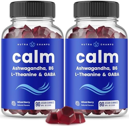 NutraChamps Calm Gummies, Stress Gummies Supplement with Ashwagandha, L-Theanine, GABA, Vitamin B6 & Lemon Balm, 90 Count (Pack of 2)