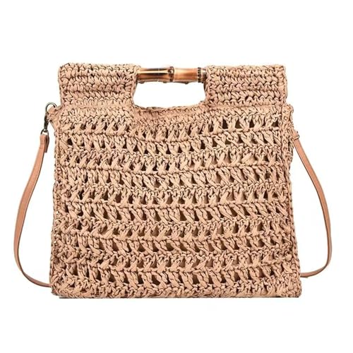 STRAW BAG 4 - Women's Straw Woven Hollow Handbag Bamboo Handle Large Knit Crossbody Bag (Khaki, One Size)