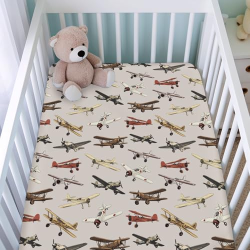 Image of Vintage Airplane Baby Crib Sheets for Boys Girls 52 inchx28 inch Retro Airplanes Transportation Travel Crib Mattress Covers Snug Fitted Soft Breathable Baby Sheets for Standard Crib and Toddler Mattresses