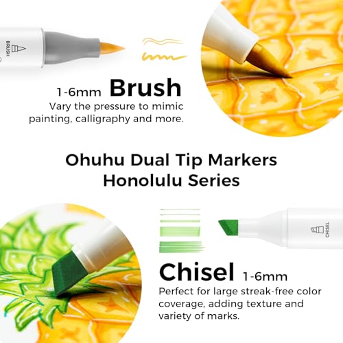 Ohuhu Brush Marker Pens 48 Colours, Dual Tip Brush & Chisel Sketch Art Pens for Artist, Students, Brush Markers for Sketching, Adult Coloring, Calligraphy, Drawing and Illustration Markers
