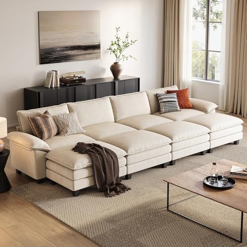 Image of LINSY HOME Modular Sectional Sofa - 157 Inch Oversized Corduroy Cloud Couch with Movable Ottoman Soft Modern Comfy Sofa Set for Living Room Apartment Office (Beige, 4-Seat & 4-Ottoman)