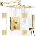 KATAIS Brushed Gold Thermostatic Rainfall Full Body Shower System 12 inch Wall Mount Shower Faucet Set with Handheld Showerhead and 4 Body Jets Can Work Together At Once Time