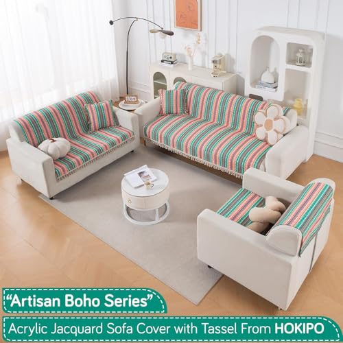 Image of HOKIPO 'Artisan Boho Series' Sofa Cover with Tassel for 3 Seater Sofa | 450 GSM Thick Cotton Acrylic Jacquard Fabric Sofa Cover, Size 152x175 cm, Mint Green (NEW-IN-909-A7)