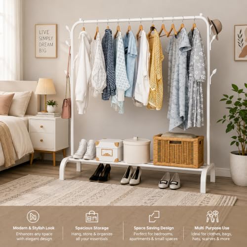 Image of Metal Multifunctional Heavy-Duty Quality Garment Stand Cloth Rack Freestanding Storage Organizer with Bottom Shelves Adjustable Folding Single Pole for Living Room (White)