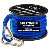 50FT Double Braided Nylon Boat Anchor Rope 3/8inch with 316 Stainless Steel Thimble and Heavy Duty Snap Hook Marine Grade Anchor line Black (Royal Blue, 50Feet)