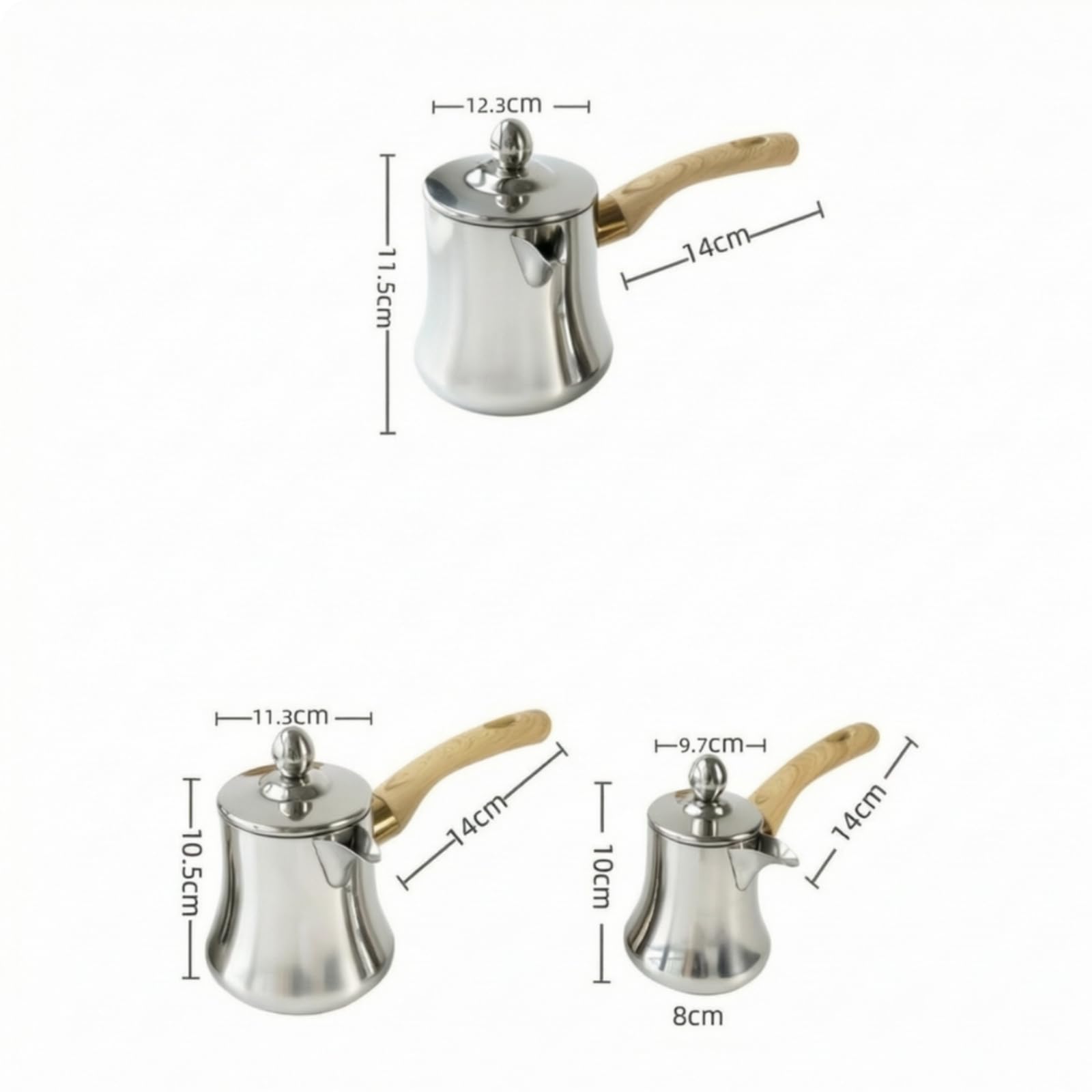 Gralara 3 Stück Latte-Art-Kanne mit Holzmaserungsgriff tropffrei Milchkännchen mit Deckel Ausgießgefäß aus für Kaffeeliebhaber