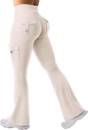 YEOREO CoreFlex Leggings Flare da donna con 4 tasche, Invisible Scrunch Butt Sport Leggings a vita alta, senza cuciture, push up, opachi, yoga, palestra, leggings, Nero , XS